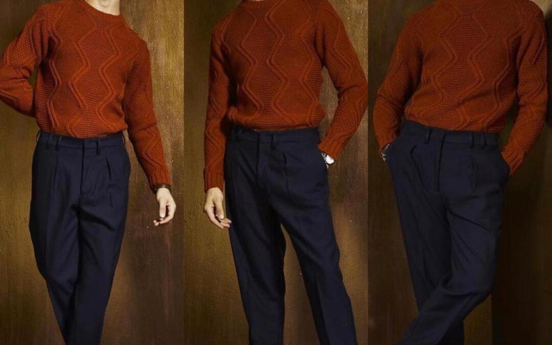 Maglia giro collo lavorata ruggine , abbinata al pantalone blu , simbolo di eleganza senza tempo 🔝
